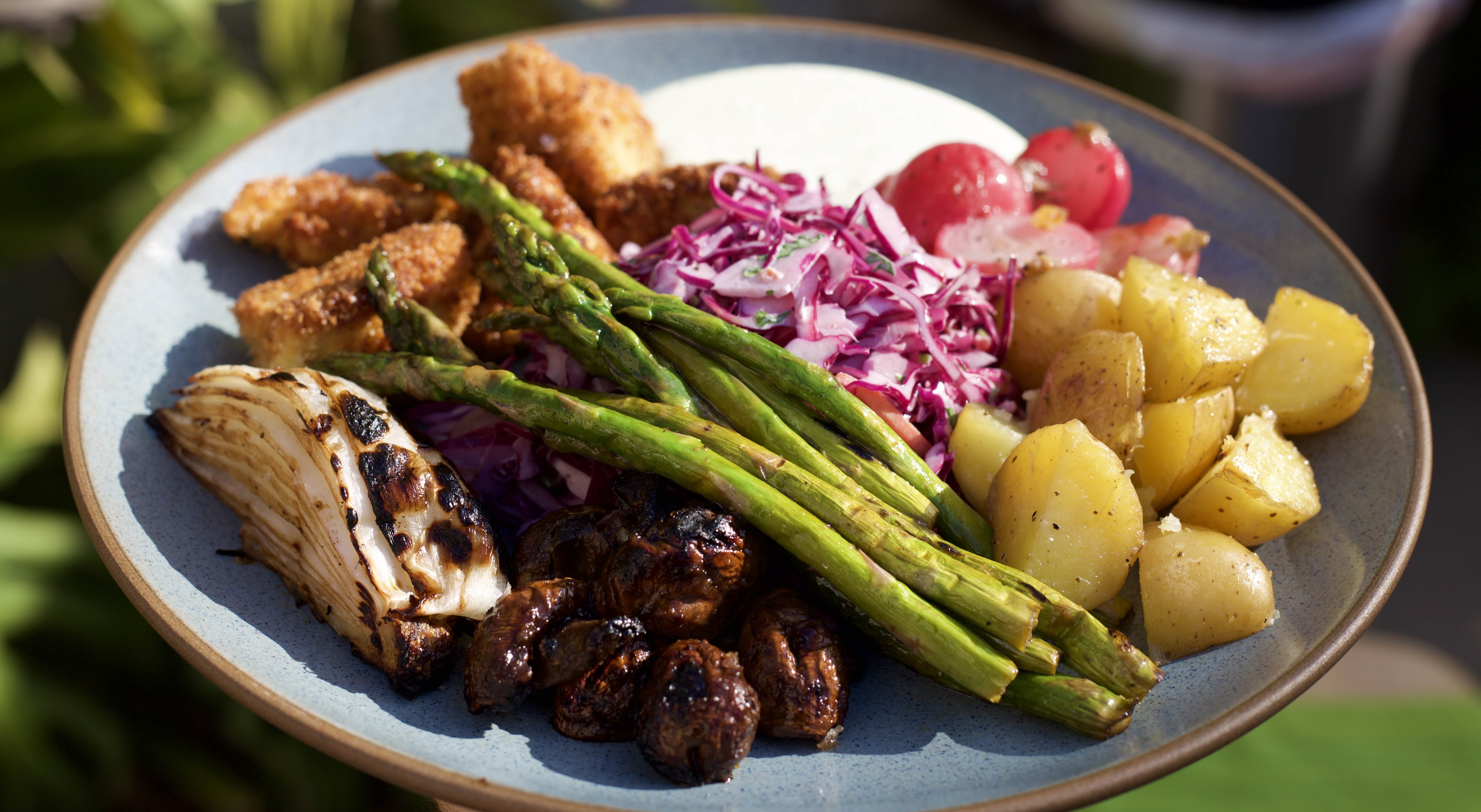 Crispy tofu BBQ with miso mushrooms and grilled vegetables
